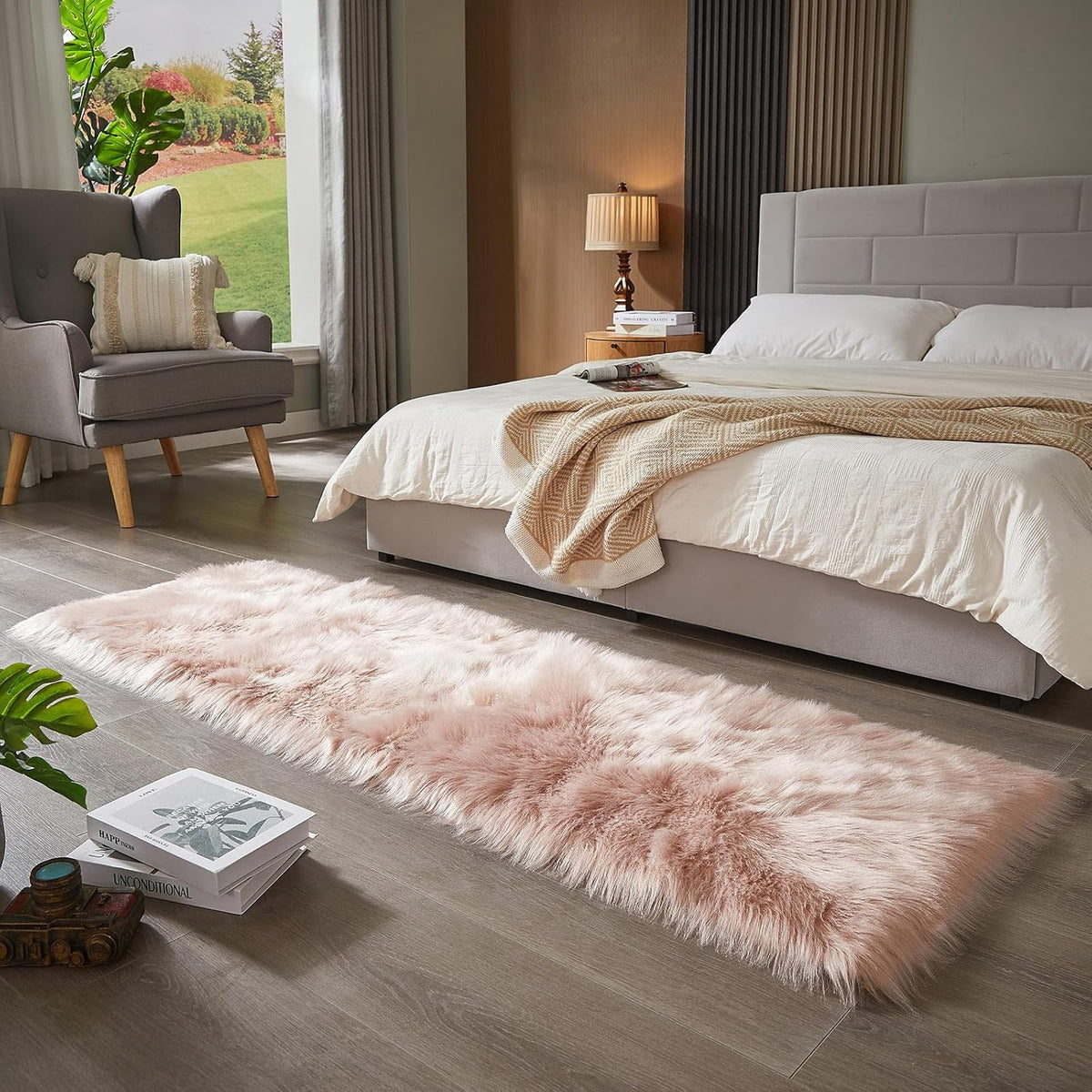 AMTOVO Faux Fur Rug, Pink Ultra Soft Fluffy Shag Sheepskin Rug, 2 x 6 ft Runner Area Rugs for