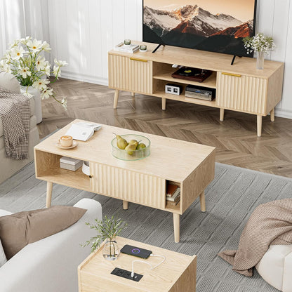 Coffee Table with Storage, Boho Dining Table with Sliding Fluted Door and Solid Wood Legs, Small