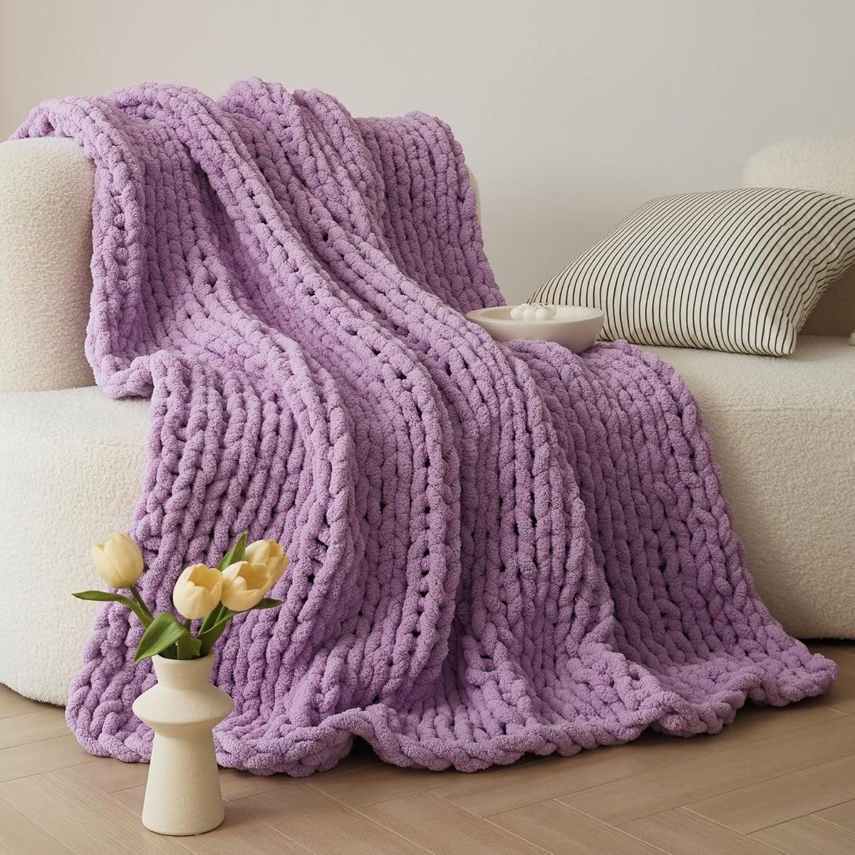 WESHIONGOO Chunky Knit Blanket Throw 50"×60" Knitted Throw Blankets for Couch Bed Fluffy Soft