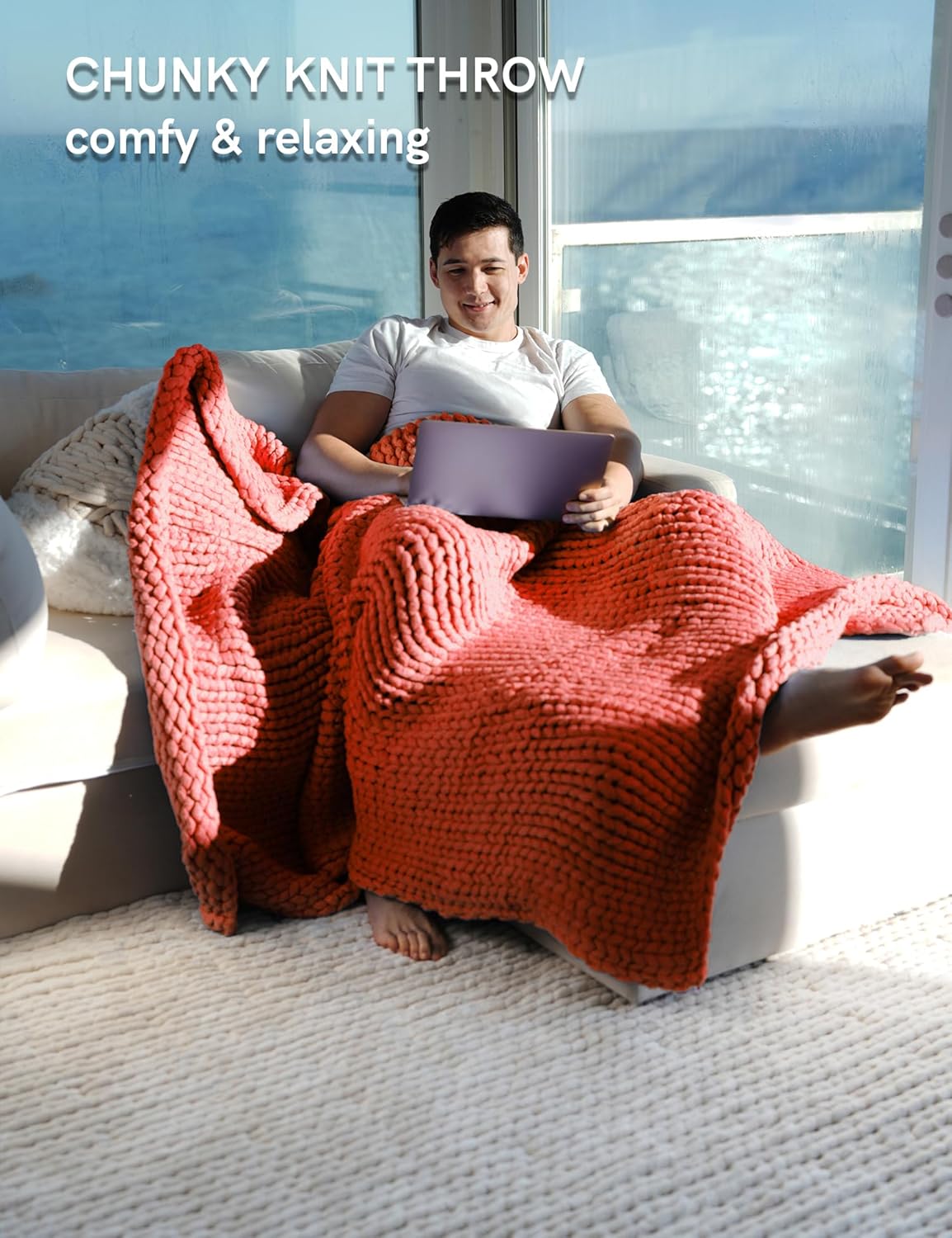 YnM Chunky Throw Blanket, Medium-Weight, Hand Knitted, Skin Friendly, Ventilated and Breathable