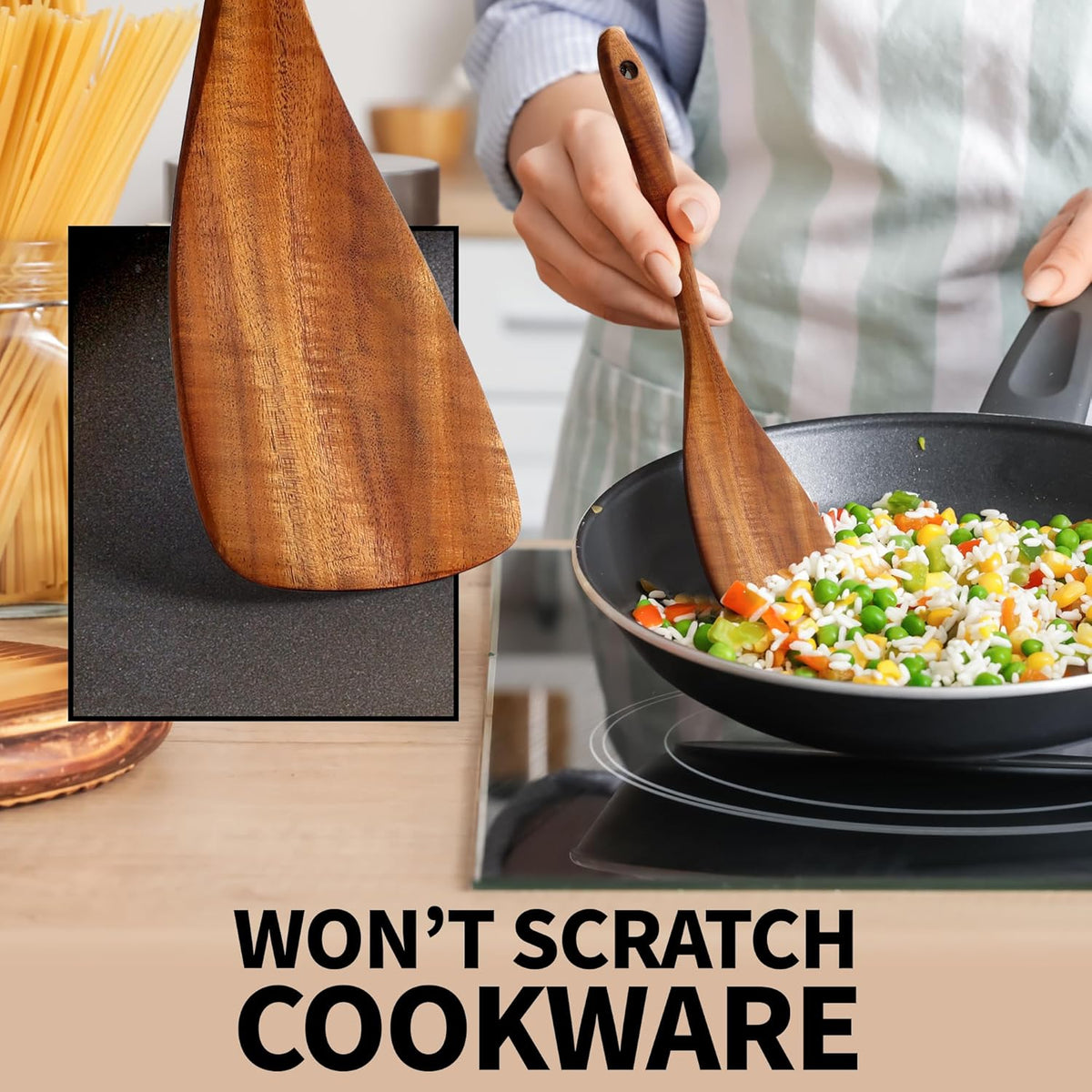 Zulay Kitchen 6-Piece Wooden Cooking Spoons Set – Heat-Resistant, Smooth Teak Utensils with Comfort