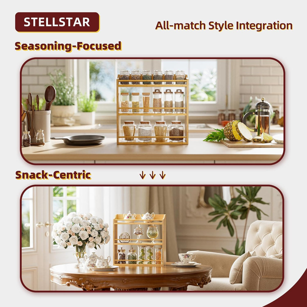 Spice Rack Wall Mounted, Spice Organizer for Counter, Bamboo Spice Storage Holder for Kitchen