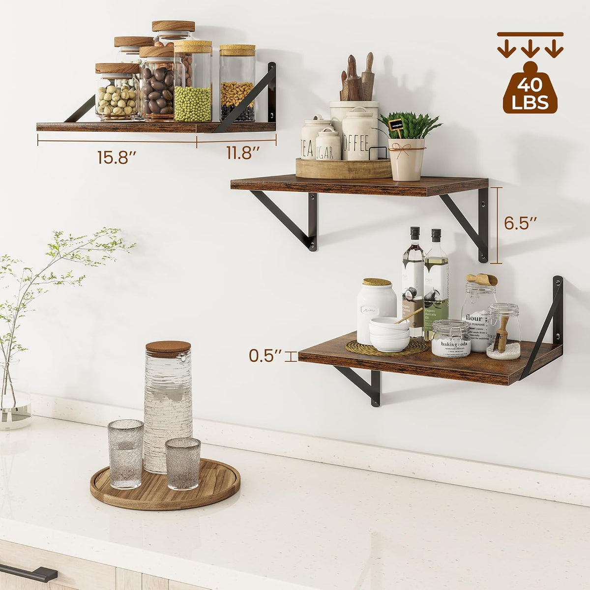 Heimlove Deep Floating Shelves for Wall, 12 Inch Deep Floating Shelves Set of 3, 16W x 12D Wood