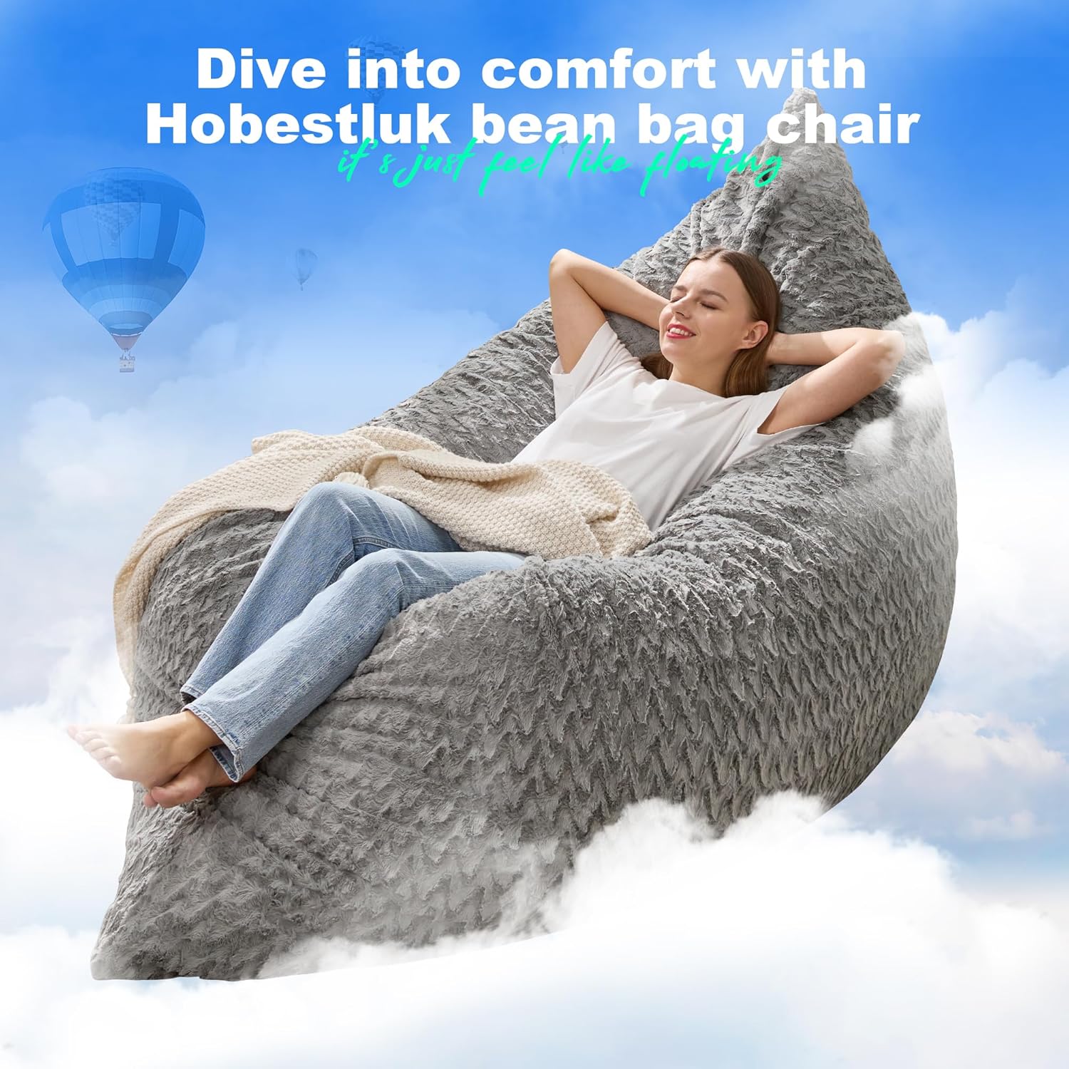 Hobestluk 3 in 1 Bean Bag Chair Giant Bean Bag Chairs for Adults with Chevron Plush Fur Cover