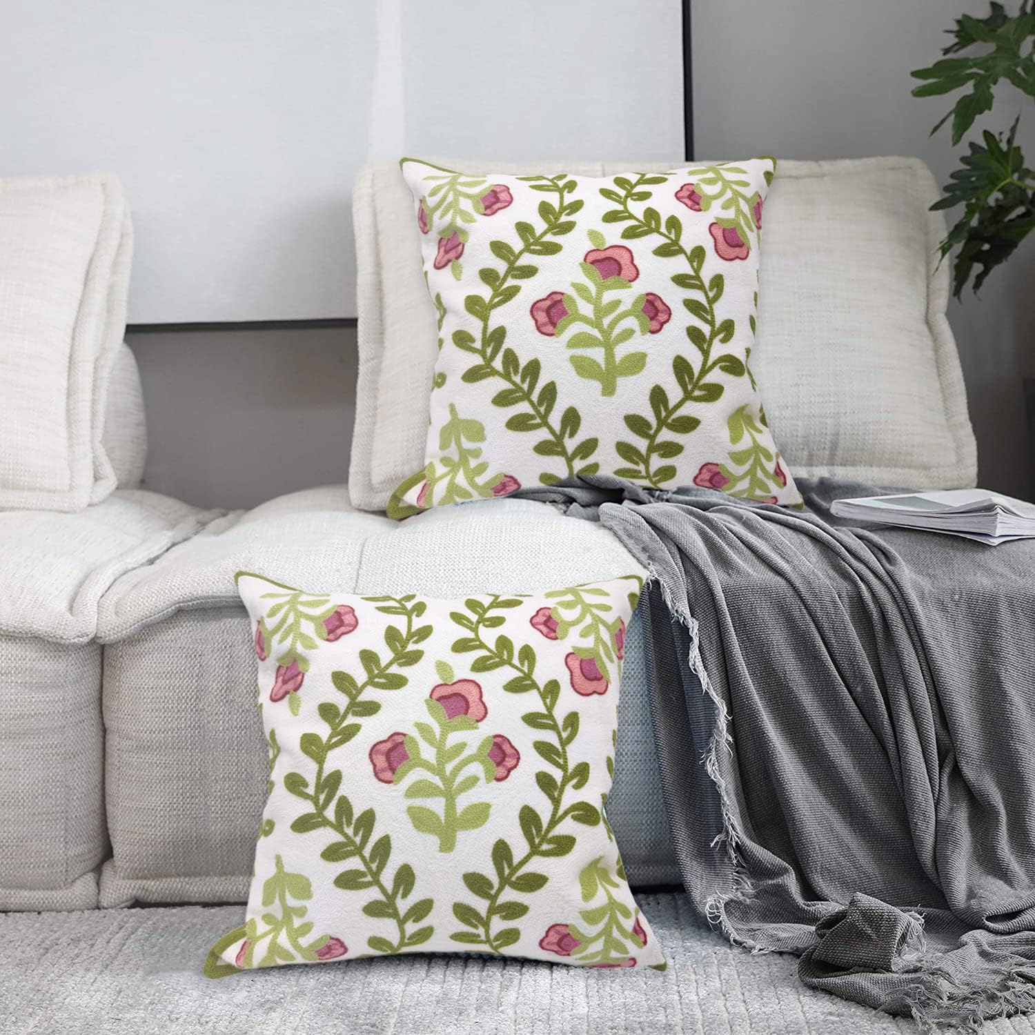 Alysheer Floral Embroidered Summer Decorative Throw Pillow Covers 18"x 18" Set of 2, Farmhouse