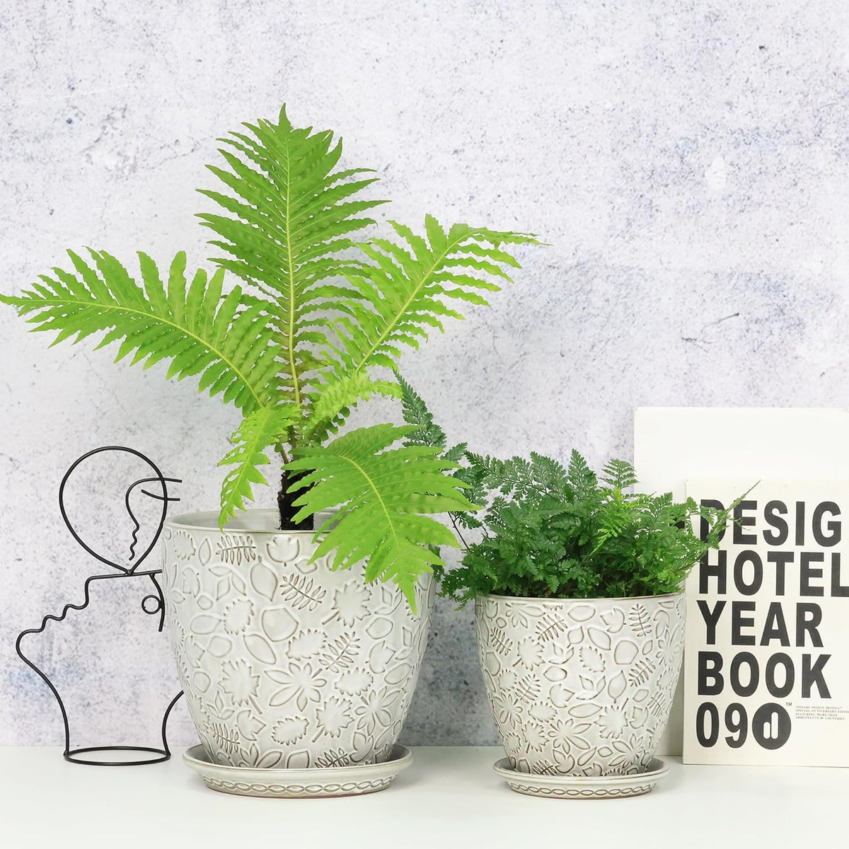 8 Inch + 6 Inch Retro Ceramic Planter Set of 2 with Drainage Hole and Saucer for Multiple Plants