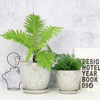 8 Inch + 6 Inch Retro Ceramic Planter Set of 2 with Drainage Hole and Saucer for Multiple Plants