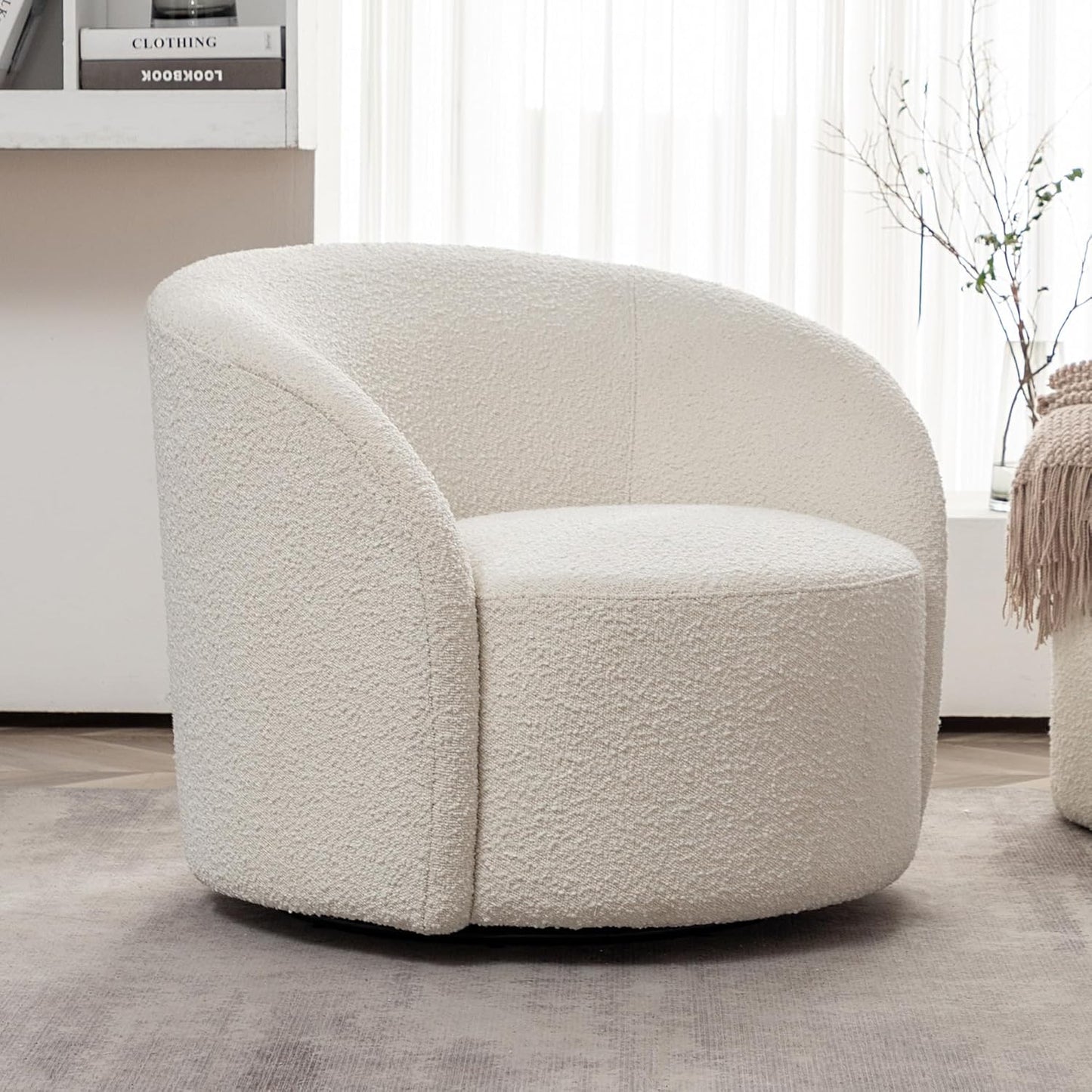 KINWELL 34" W Mid Century Modern Swivel Barrel Chair, Round Upholstered Boucle Swivel Accent