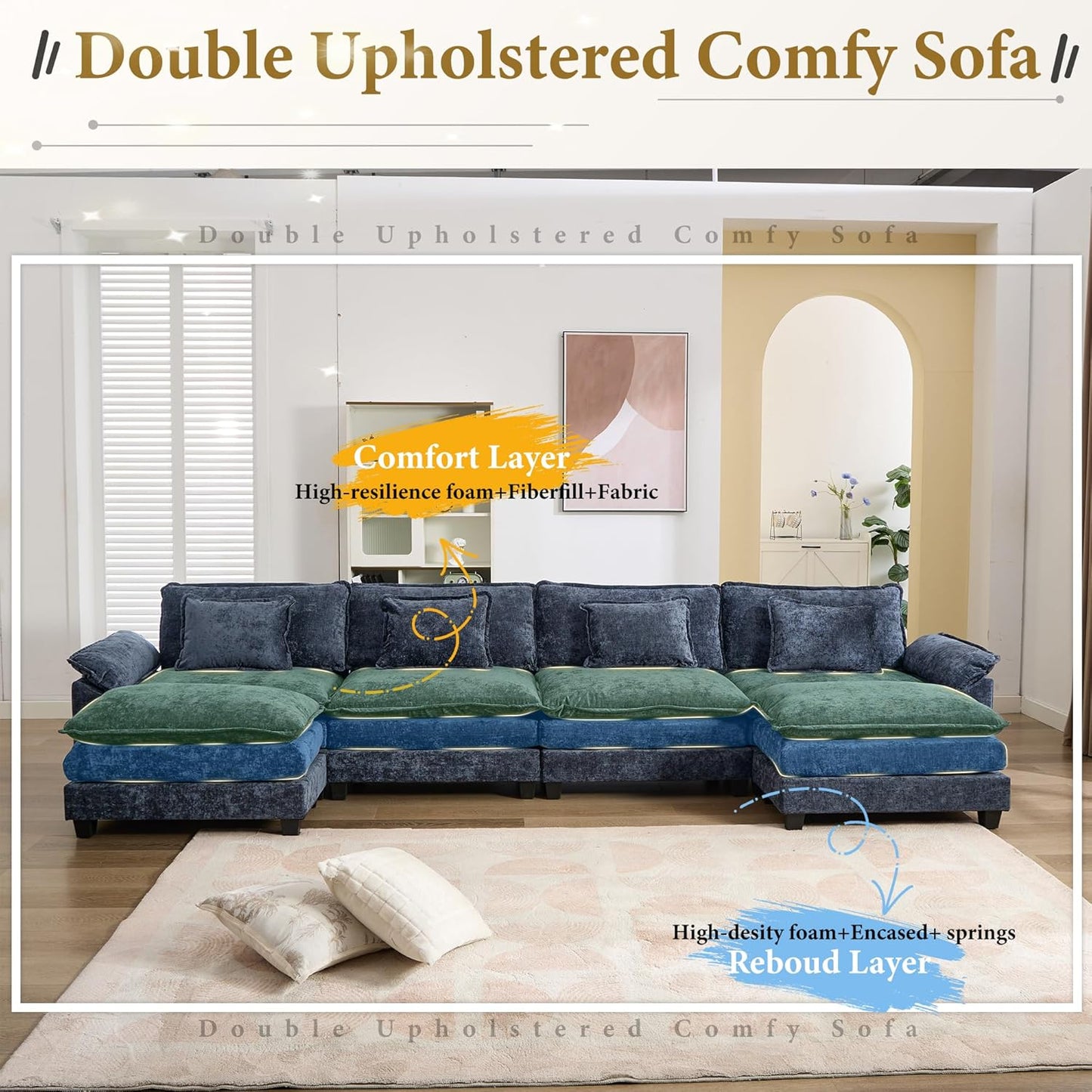 URRED Modular Sectional Sofa Comfy Cloud Couch, Modern Chenille Sofa Sleeper Deep Seat Couches with