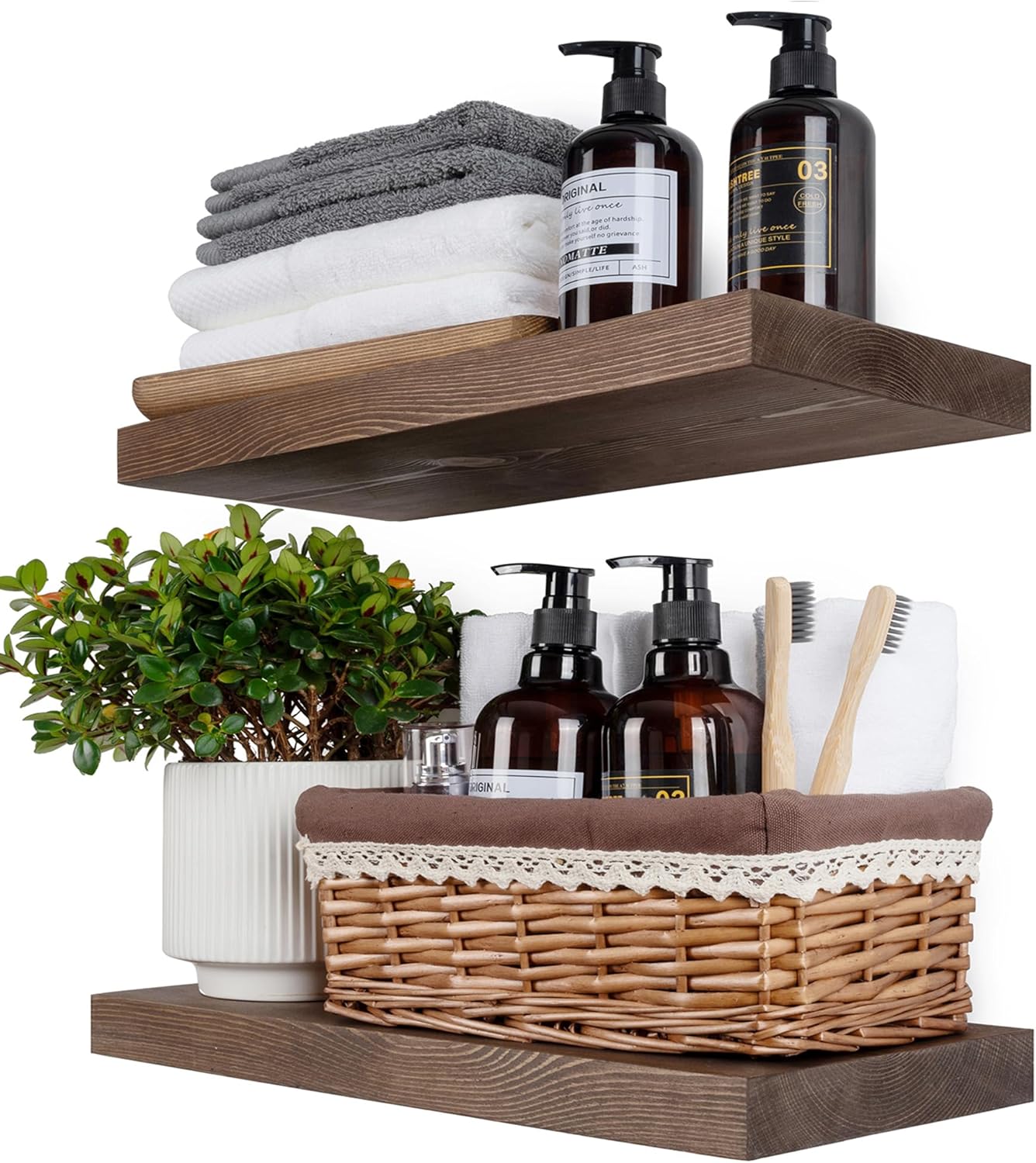 BGMG Wood Floating Shelves for Wall 18 inch Set of 2, Rustic Wooden Wall Mount Shelves for Bathroom