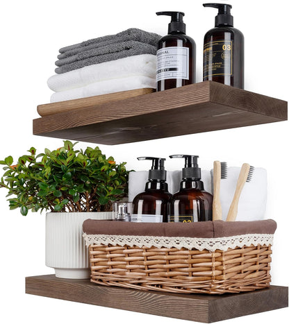BGMG Wood Floating Shelves for Wall 18 inch Set of 2, Rustic Wooden Wall Mount Shelves for Bathroom