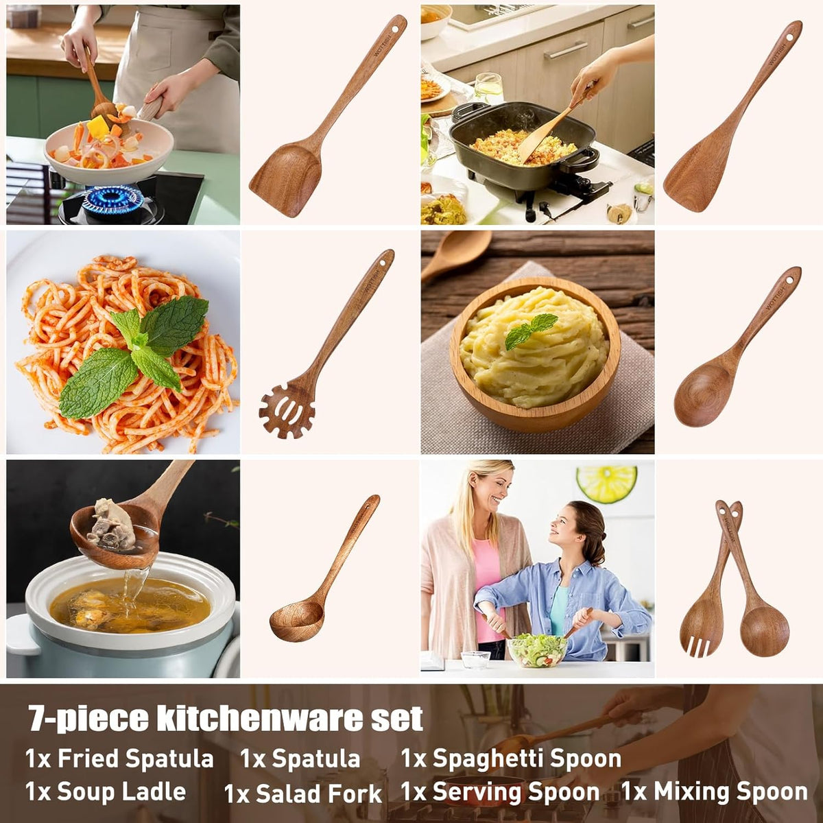 Wooden Utensil Set,WOTTISH 7Pcs Nonstick Wood Spatula,Wooden Kitchen Utensils Set Non Toxic,Wooden
