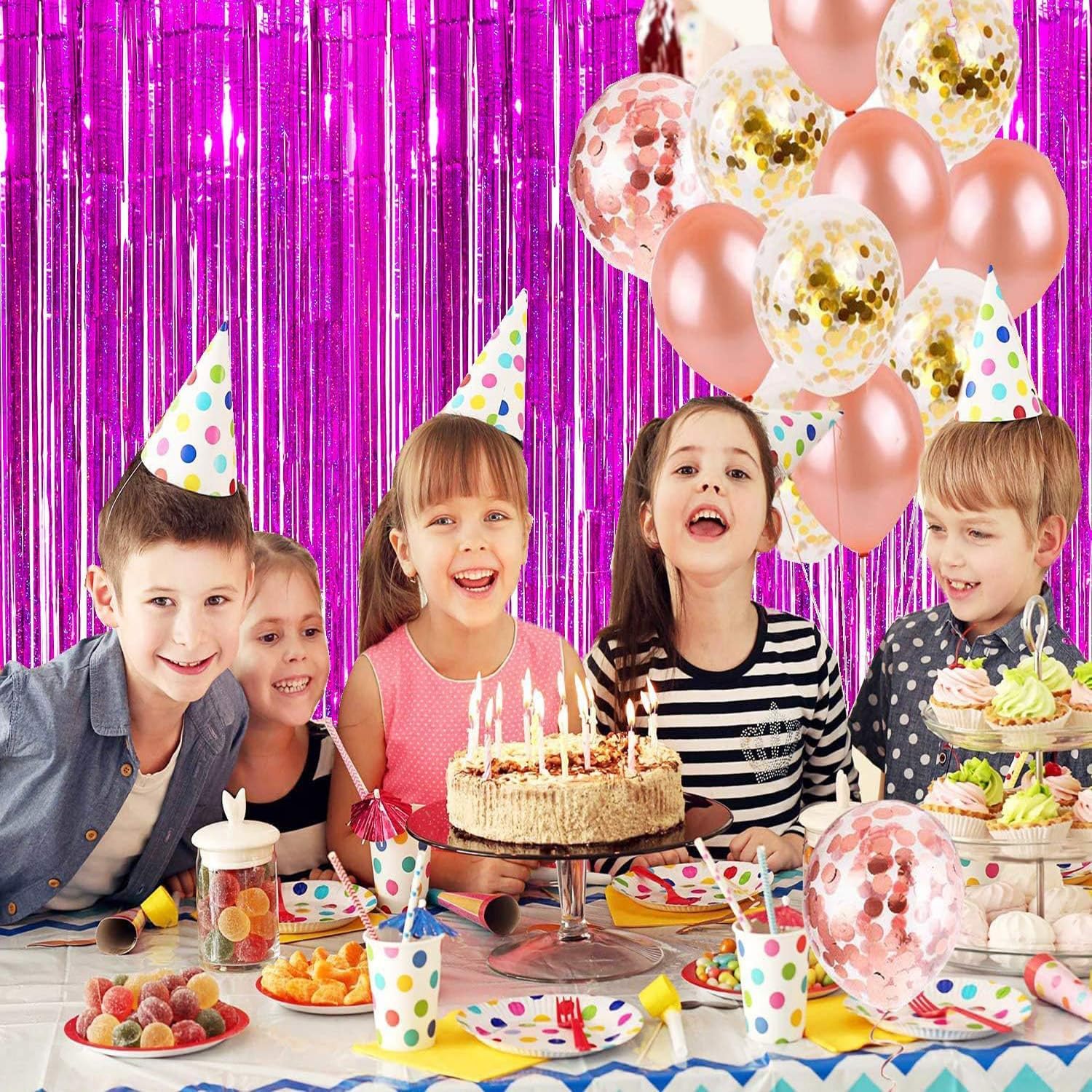 BRAVESHINE Hot Pink Tinsel Foil Fringe Curtains - 2Pcs 3.2x8.2ft Metallic Party Streamers Backdrop