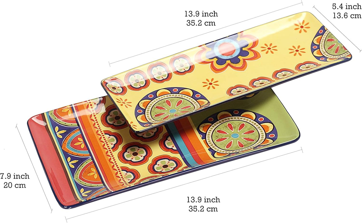 Bico Tunisian Ceramic 14 inch Rectangular Serving Platter, Set of 2, for Serving Salad, Pasta