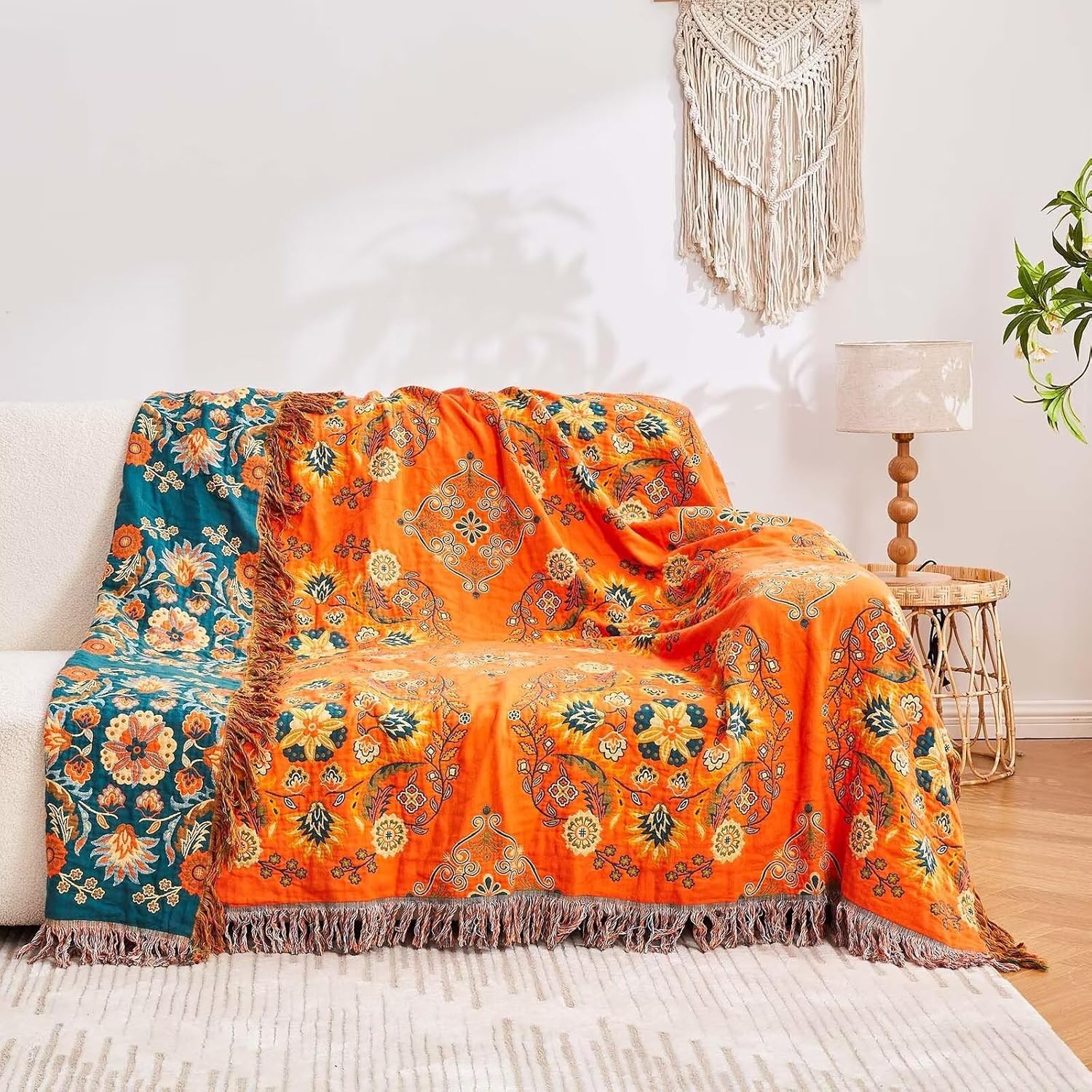 Boho Throw Blanket, 100% Cotton Ultra Soft Luxury Throw Rustic Quilt, 60"x80" Floral Printed