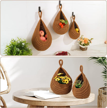 Hanging Fruit Baskets for Kitchen - 3 Pack Boho Wall Hanging Basket with 6 Pcs Strong Hooks