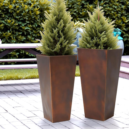 WORTH Garden Large Metal Planter Set of 2 (25" & 28" H.), Matte Bronze Retro Finish Tall Square