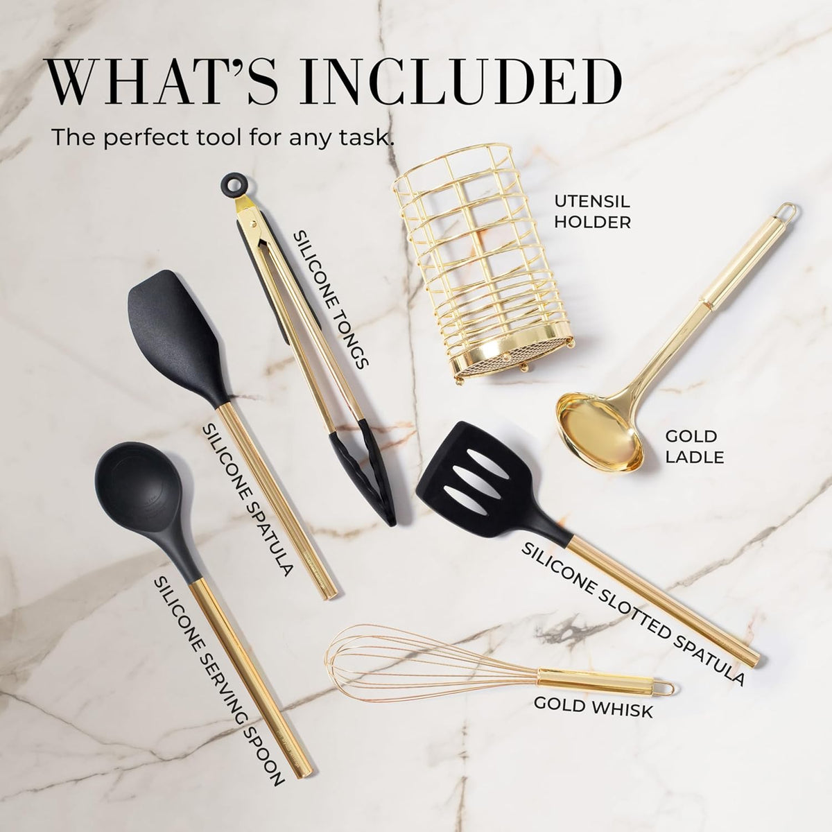 Styled Settings Black and Gold Cooking Utensils Set - 7-Piece Silicone Utensils Set Include Spatula
