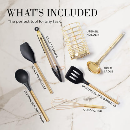 Styled Settings Black and Gold Cooking Utensils Set - 7-Piece Silicone Utensils Set Include Spatula