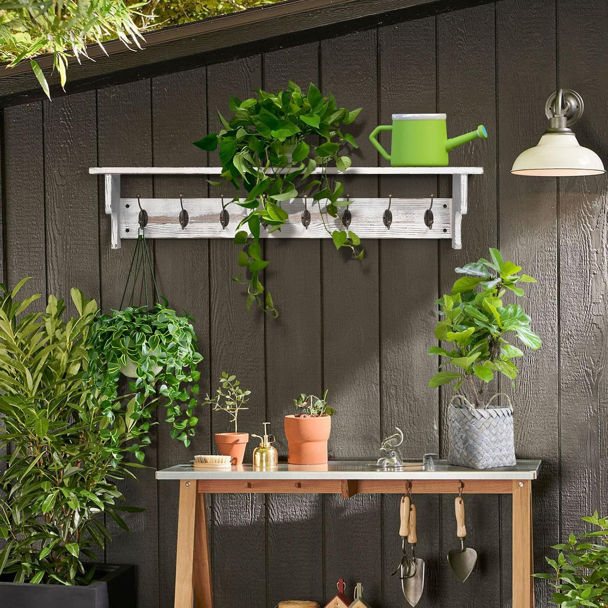 BECHAEO 35.8'' Wood Coat Rack Wall Mount with Shelf, White Wall Coat Rack with Hooks, Farmhouse