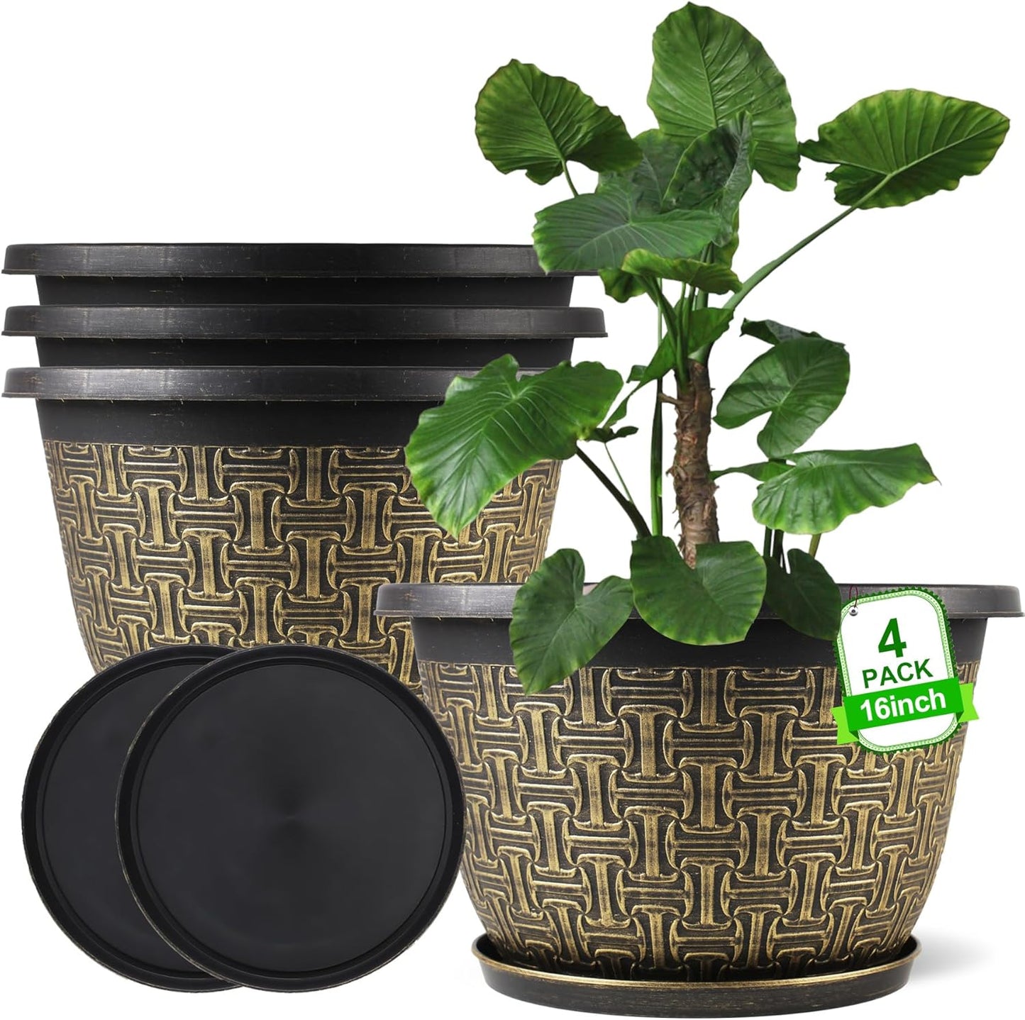 4 Pack 16 Inch Planter,Large Plastic Flower Pots Outdoor Indoor with Drainage Holes & Trays, Retro