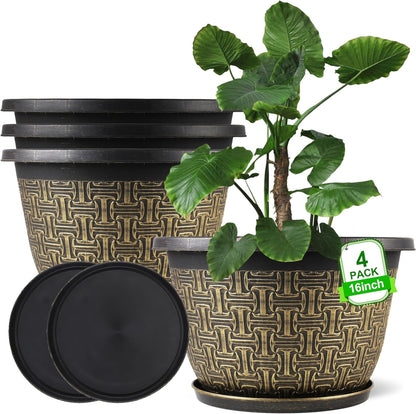 4 Pack 16 Inch Planter,Large Plastic Flower Pots Outdoor Indoor with Drainage Holes & Trays, Retro