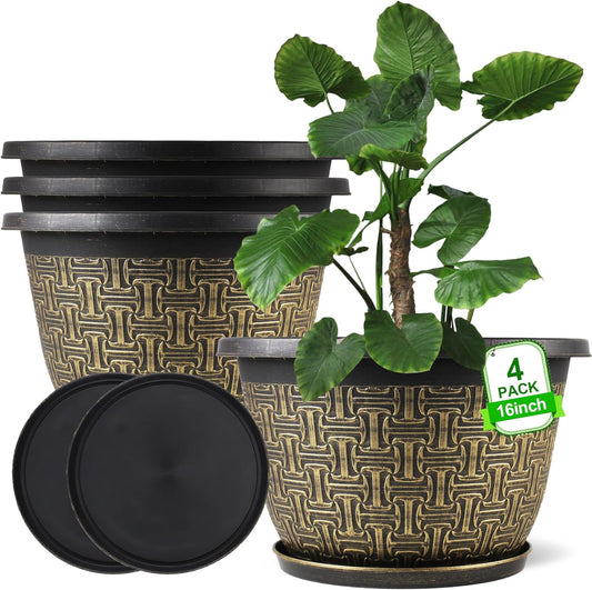 4 Pack 16 Inch Planter,Large Plastic Flower Pots Outdoor Indoor with Drainage Holes & Trays, Retro