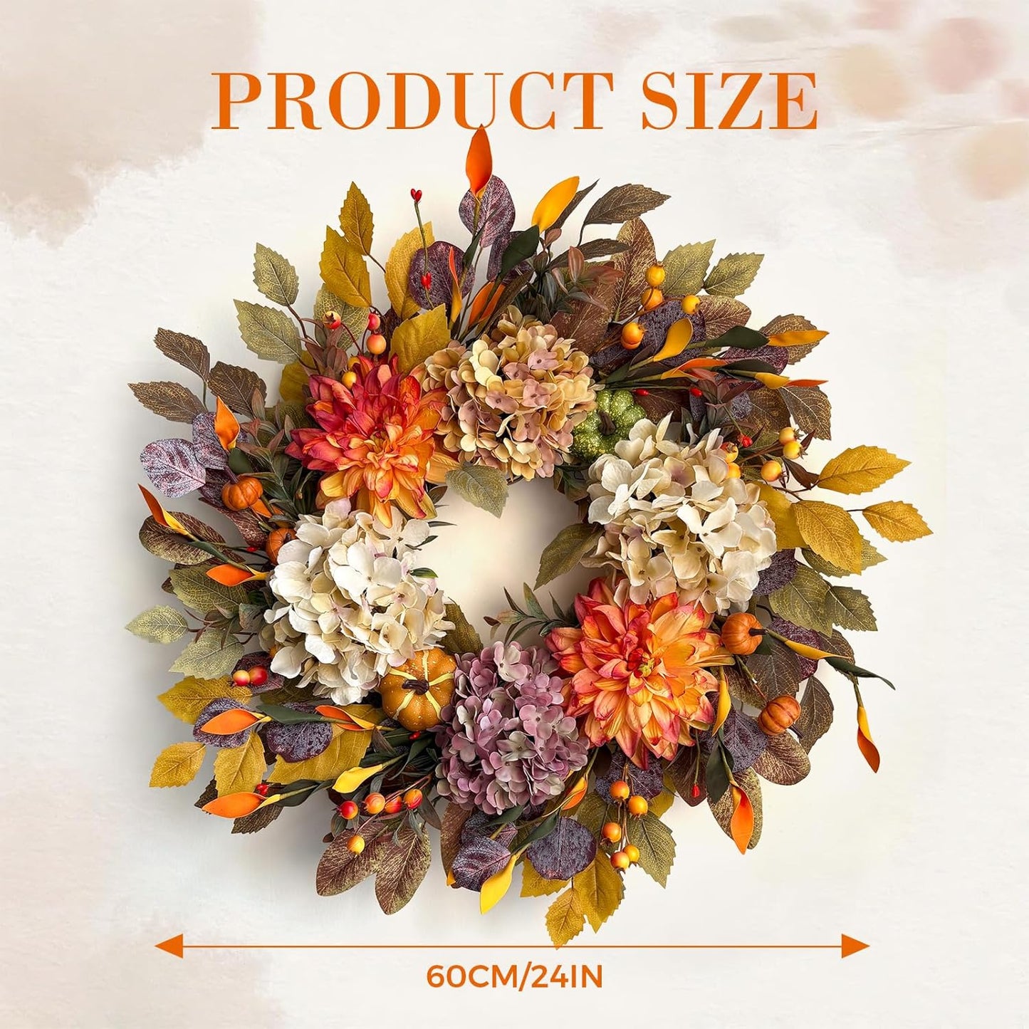 24Inch Fall Wreaths for Front Door,Fall Wreath with Beige Hydrangea,Orange Dahlia Artificial