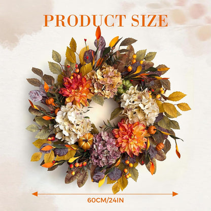 24Inch Fall Wreaths for Front Door,Fall Wreath with Beige Hydrangea,Orange Dahlia Artificial