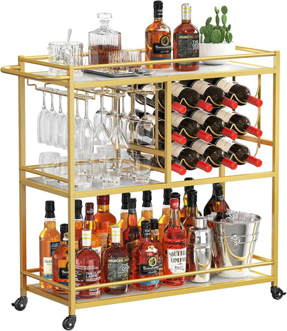 Lifewit Bar Cart for The Home, 3 Tier Drink Cart with Lockable Wheels, 12 Wine Rack and 3 Rows