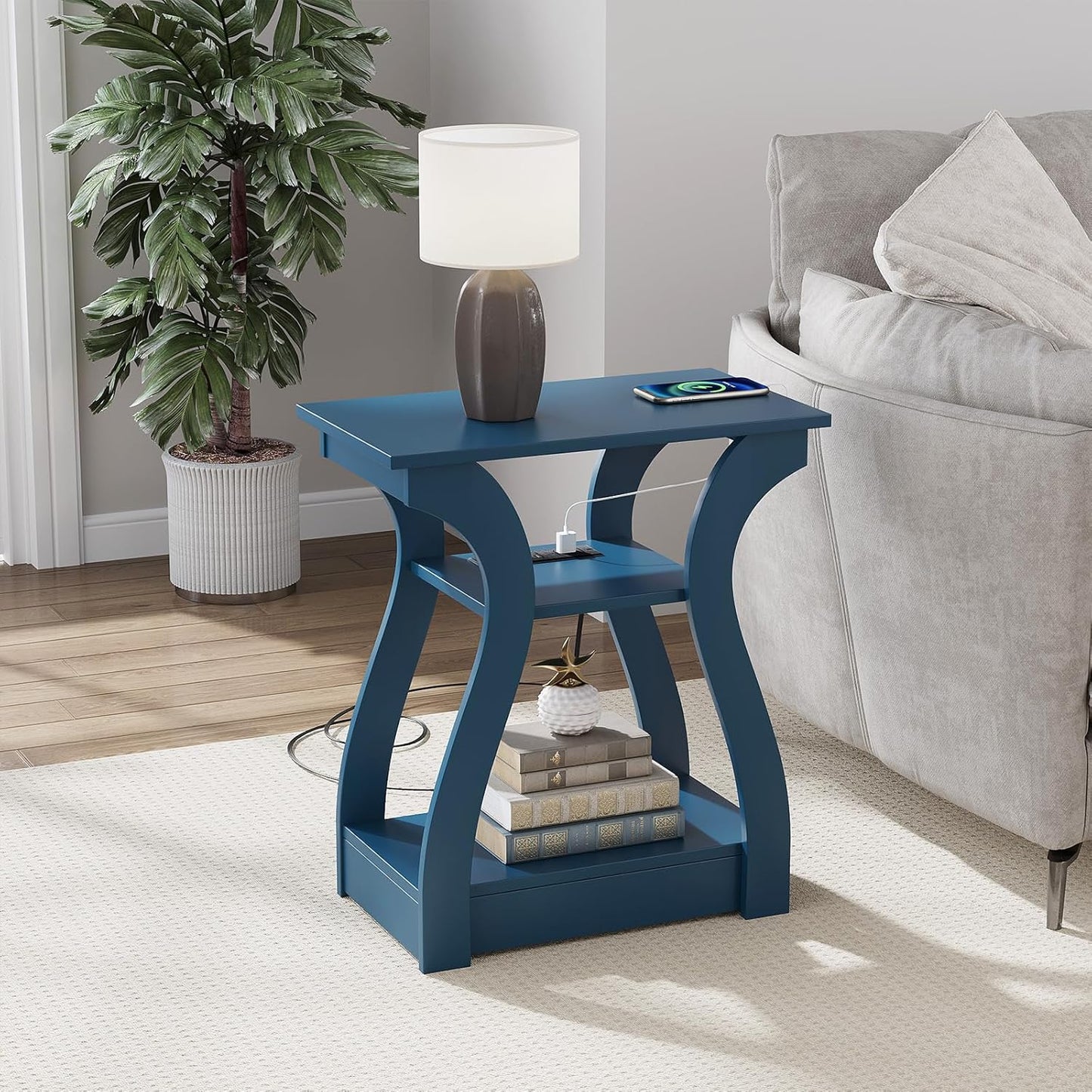 End Tables Living Room, End Table end Table with Charging Station and USB,Navy Blue Side Table