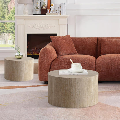 Round Nesting Coffee Table Set of 2, Modern Coffee and End Table Set Small Circle Wooden Drum Side