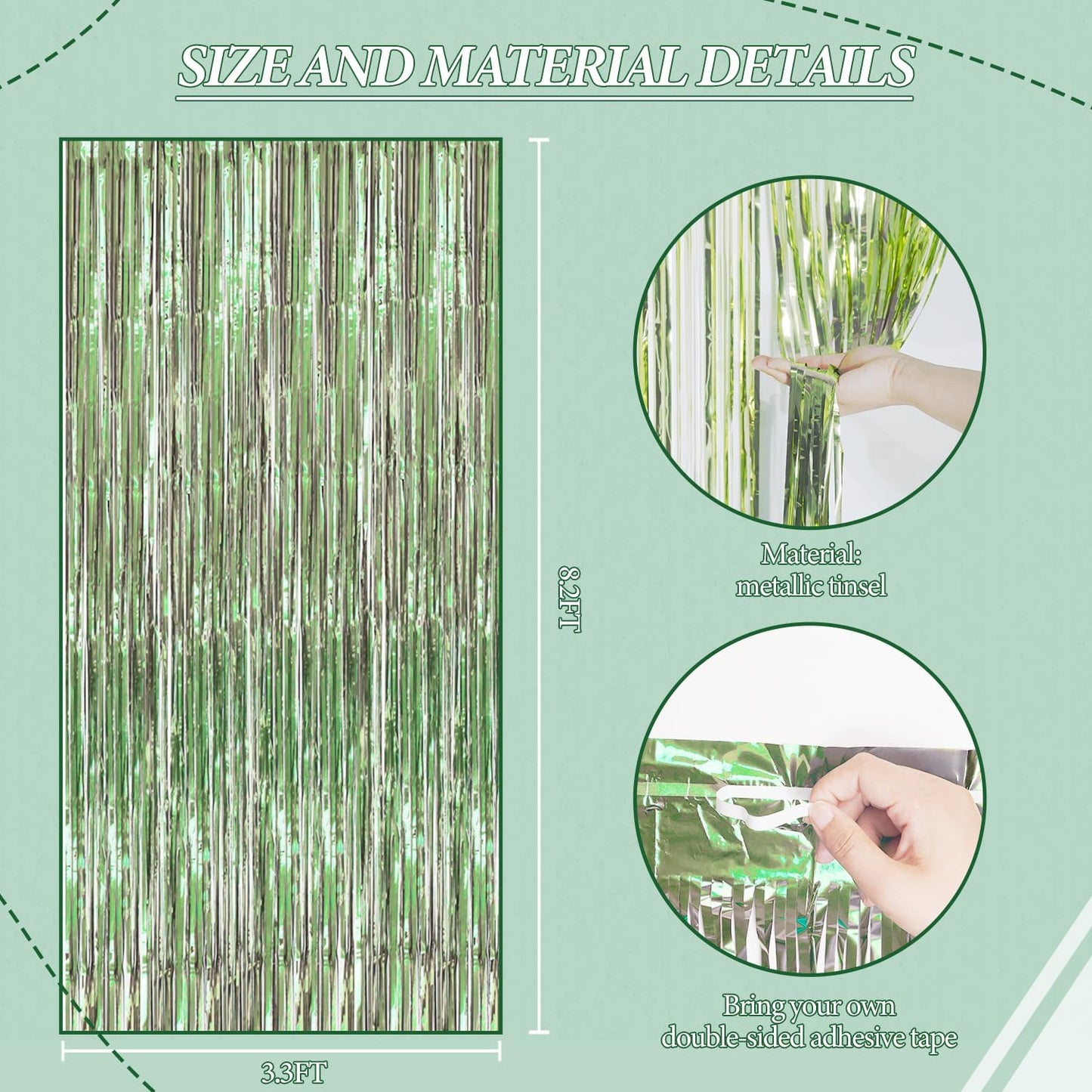 3 Pack Foil Fringe Backdrop - Light Green Shiny Tinsel Curtains for Party Decoration/Photo Booth