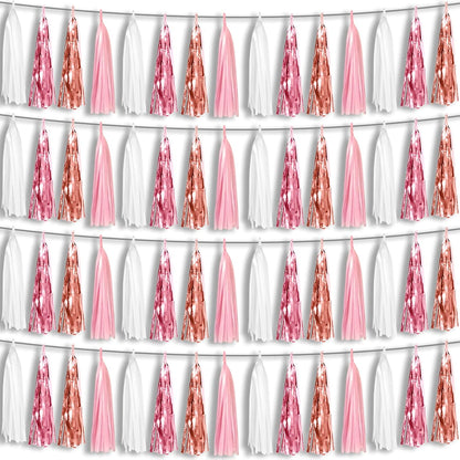4P Pink White Peach Rose Gold Tassels Party Tassel Garland Banner, Tassels Banner Streamers for