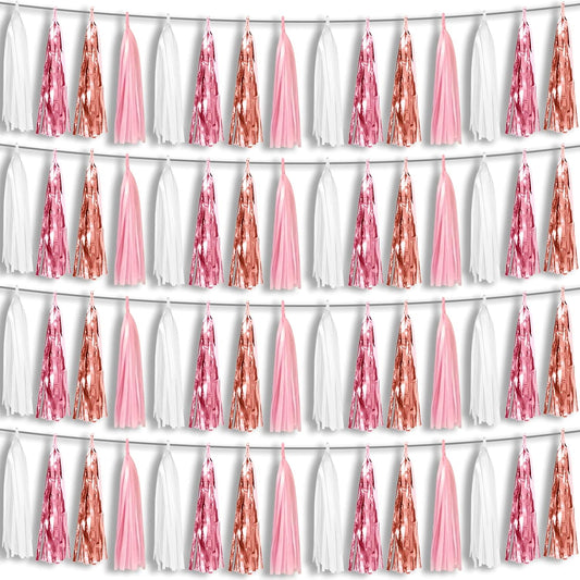 4P Pink White Peach Rose Gold Tassels Party Tassel Garland Banner, Tassels Banner Streamers for