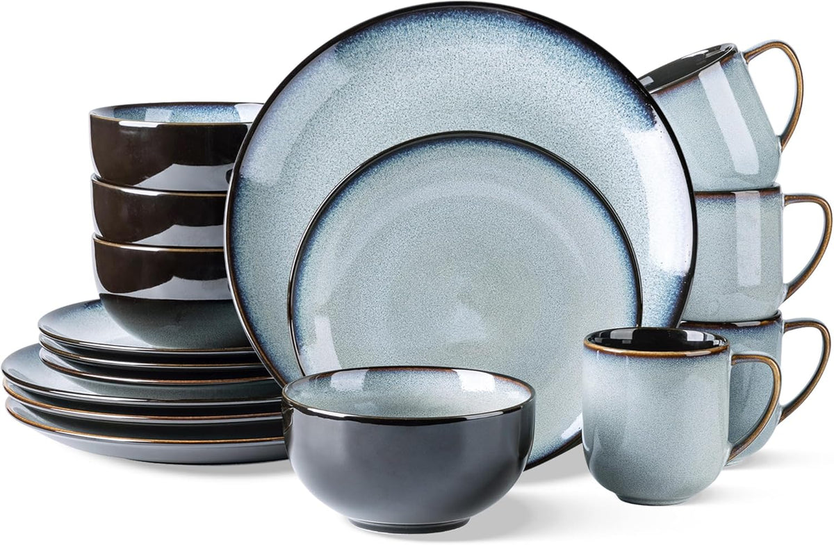 LERATIO Ceramic Dinnerware Sets for 4,16-Piece Reactive Glaze Plates and Bowls Set with Mugs,Highly