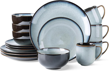 LERATIO Ceramic Dinnerware Sets for 4,16-Piece Reactive Glaze Plates and Bowls Set with Mugs,Highly