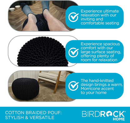 BIRDROCK HOME Round Pouf Ottoman | Cotton Braided Foot Stool with Bean Bag Filling | Boho Foot Rest