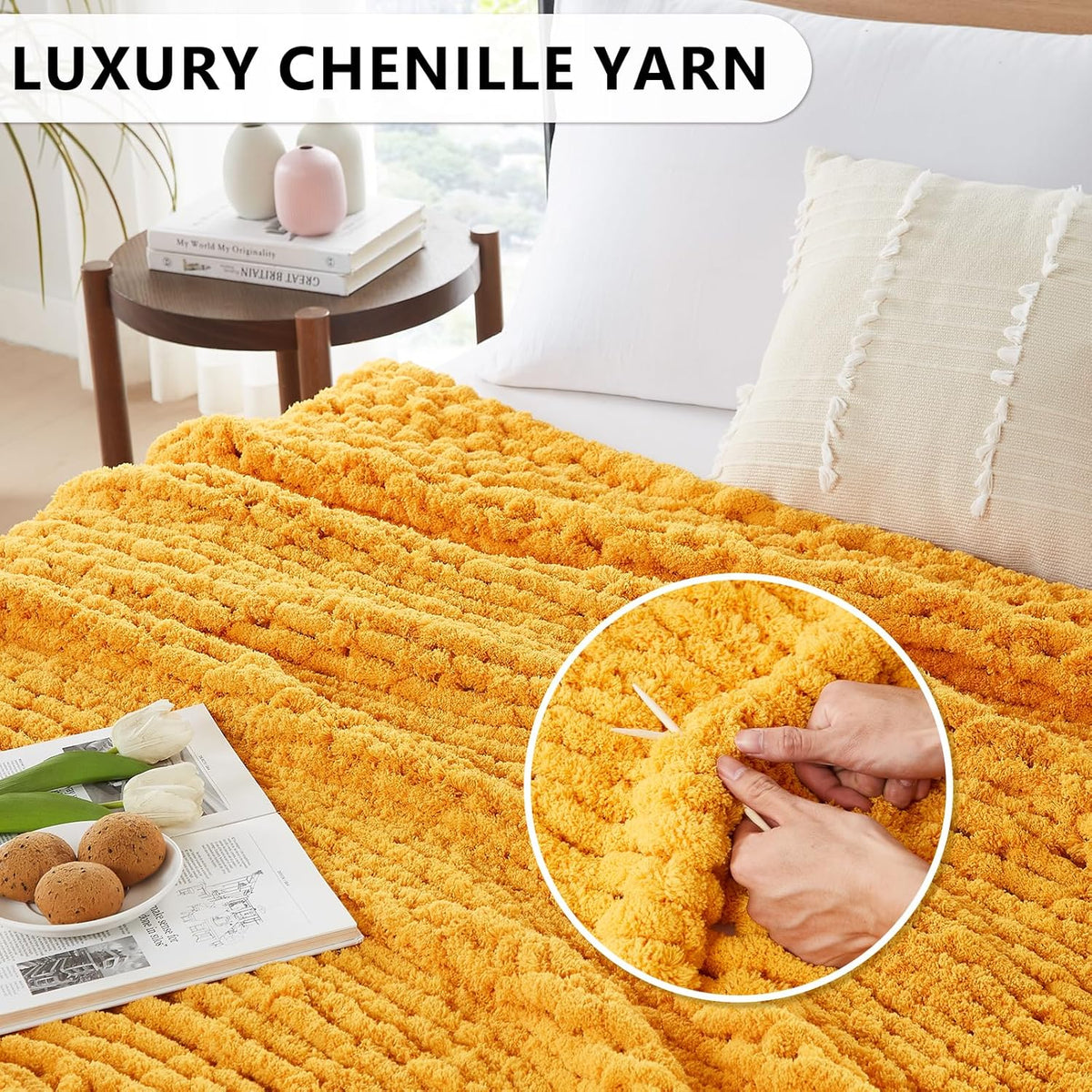 L'AGRATY Chunky Knit Throw Blanket - 40x50: 100% Hand-Knitted Chenile Crochet Blanket For Home