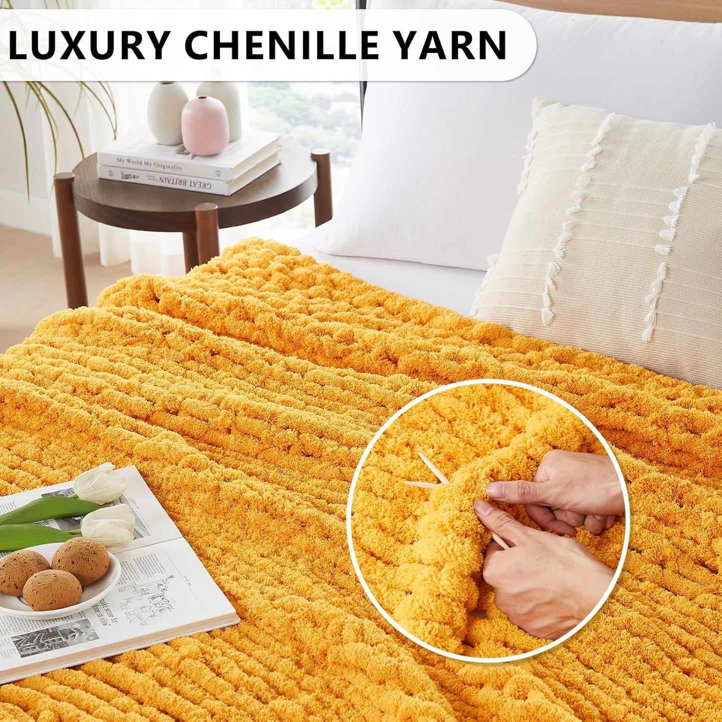 L'AGRATY Chunky Knit Blanket Throw - Soft Chunky Throw Blanket 30x40: 100% Hand Kintted Chenile