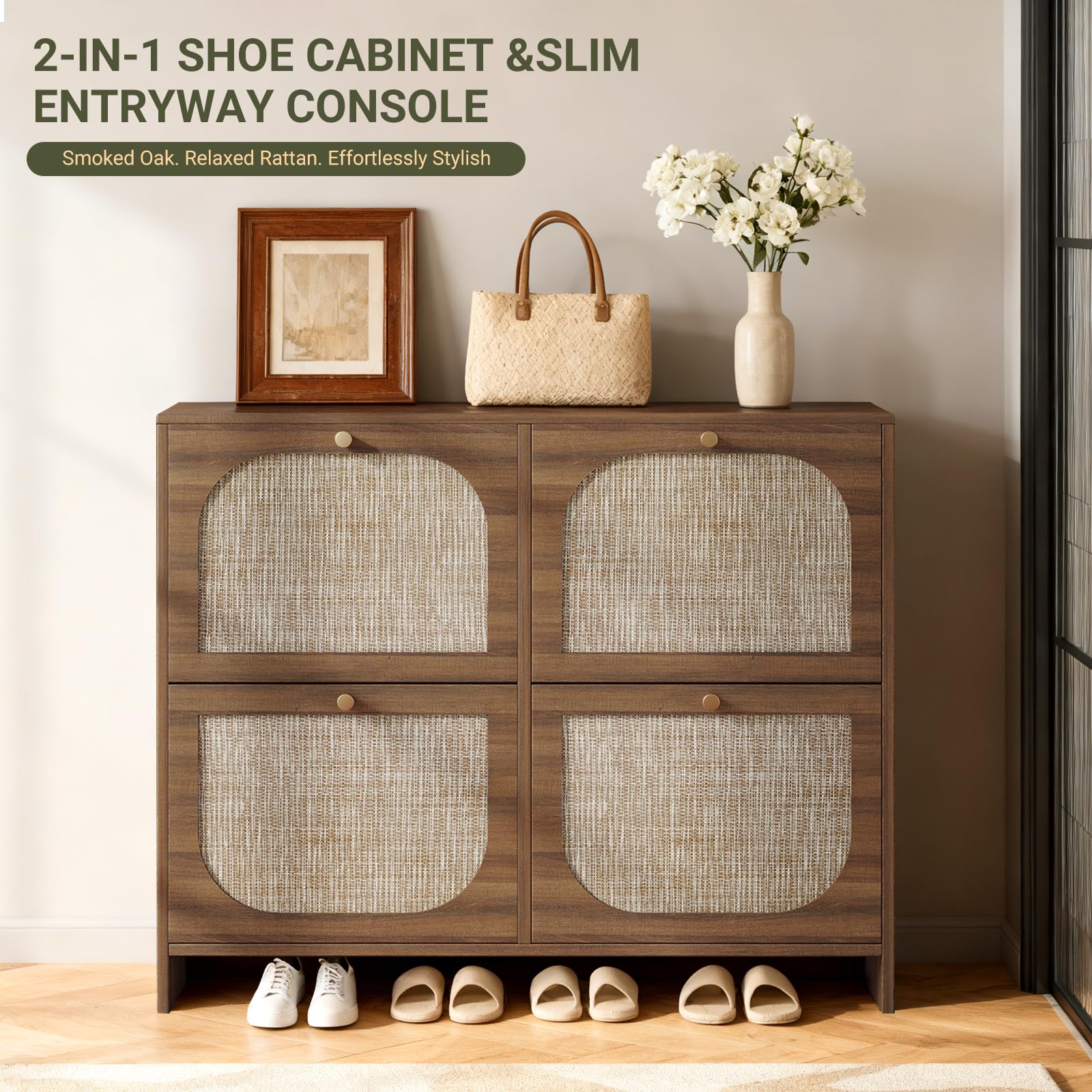 Nicetree Freestanding Ultra Slim Fluted Accent Shoe Storage Cabinet for Entryway - 4 Flip Drawers &