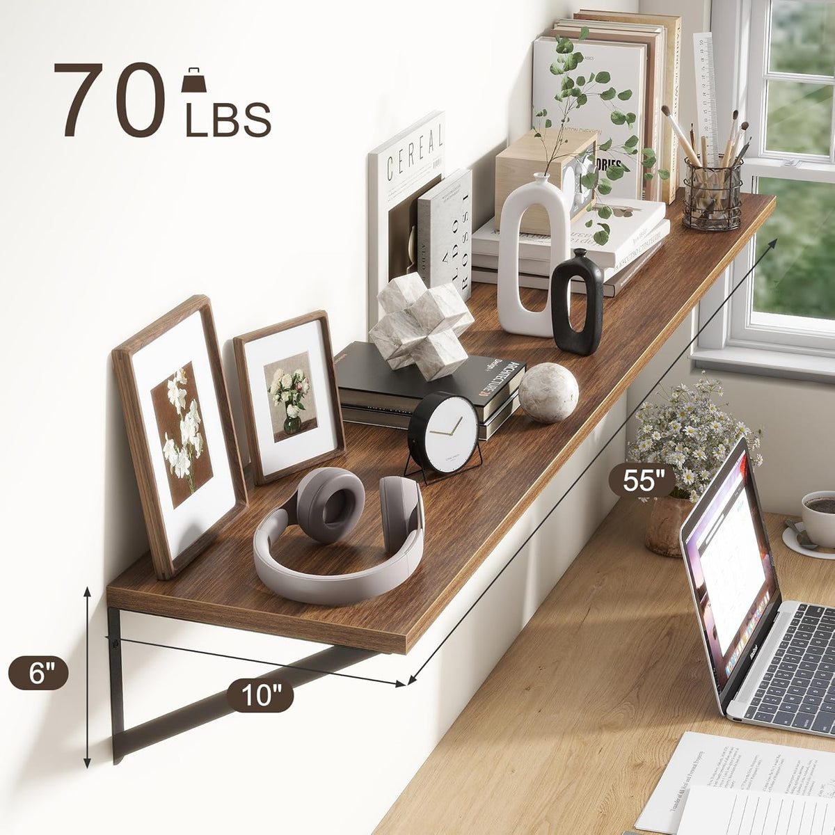 Floating Shelves 55 Inch Long, 10" Deep Floating Shelves, Walnut Wall Shelves 55 x 10, Set of 2