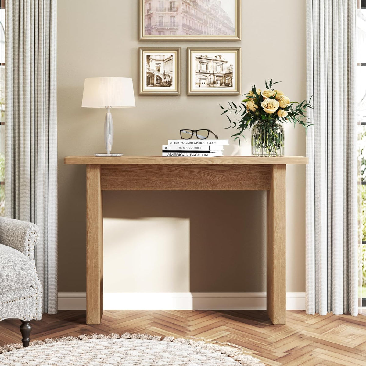 AVZEAR 43.3" Mid Century Narrow Entryway Console Table, Modern Fluted Wood Couch Table Behind Sofa