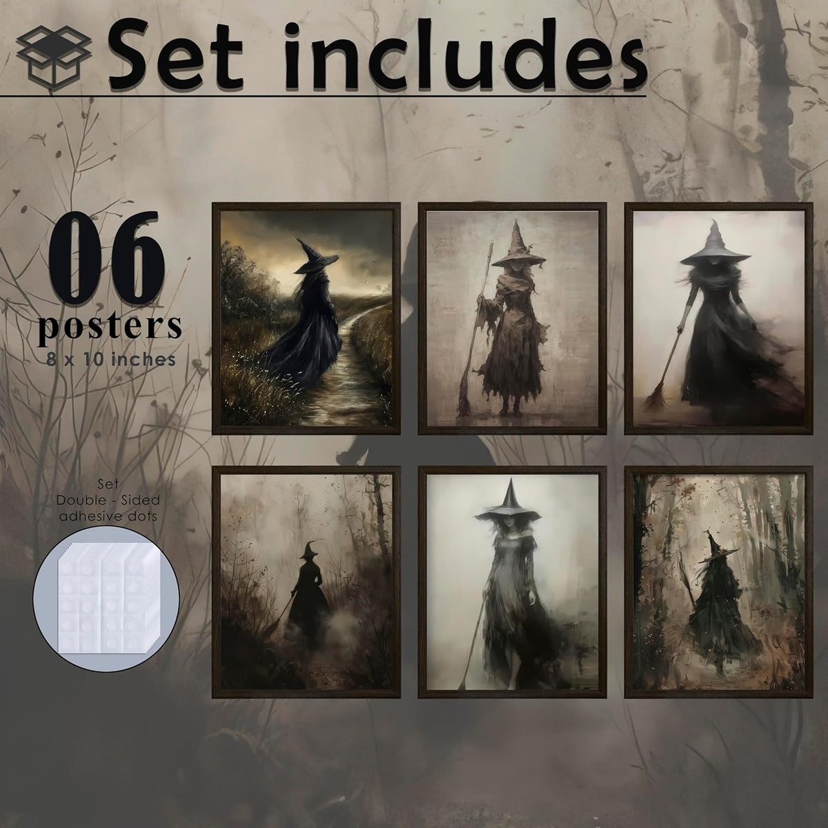 LANCHI95 6 Pcs 8x10in Vintage Rustic Witch Posters Halloween Wall Art Witch in The Forest Painting