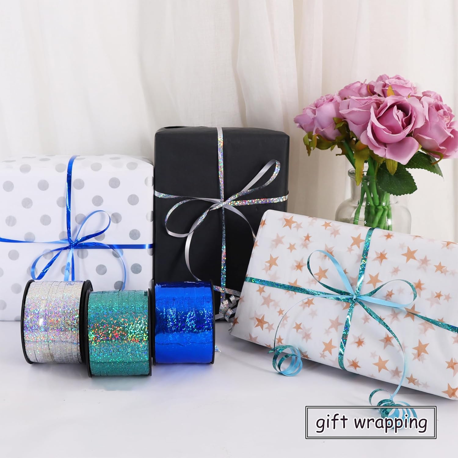 BEISHIDA Blue Blue Silver Curling Ribbons Balloon String Ribbons - 3 Pack 100 Yards for Gift