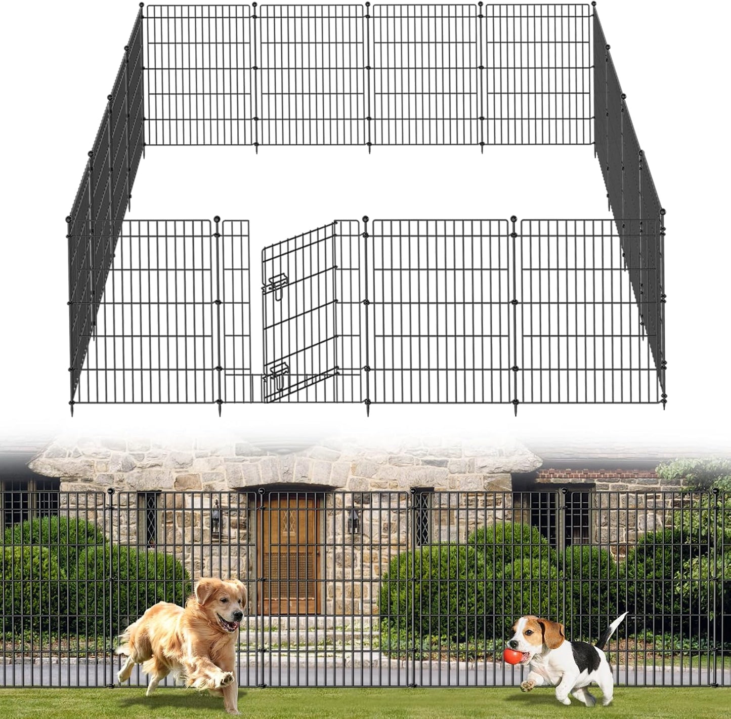 10 Panels No Dig Garden Fence with Gate, 34in(H) × 22.5ft(L) Decorative Metal Outdoor Dog Fence