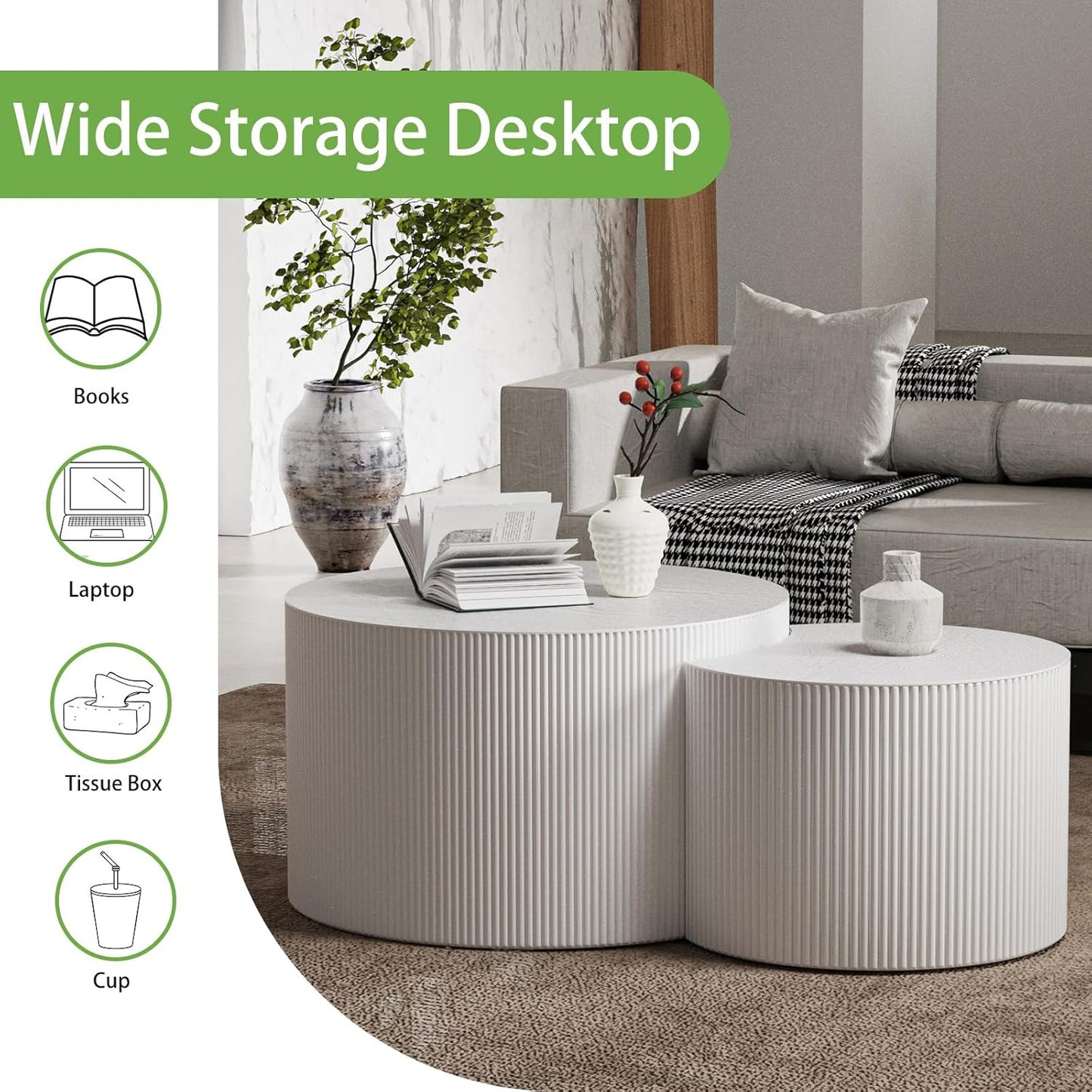 Round Coffee Table Set of 2, Nesting Coffee Table and End Table Set Small Circle Drum Side Table
