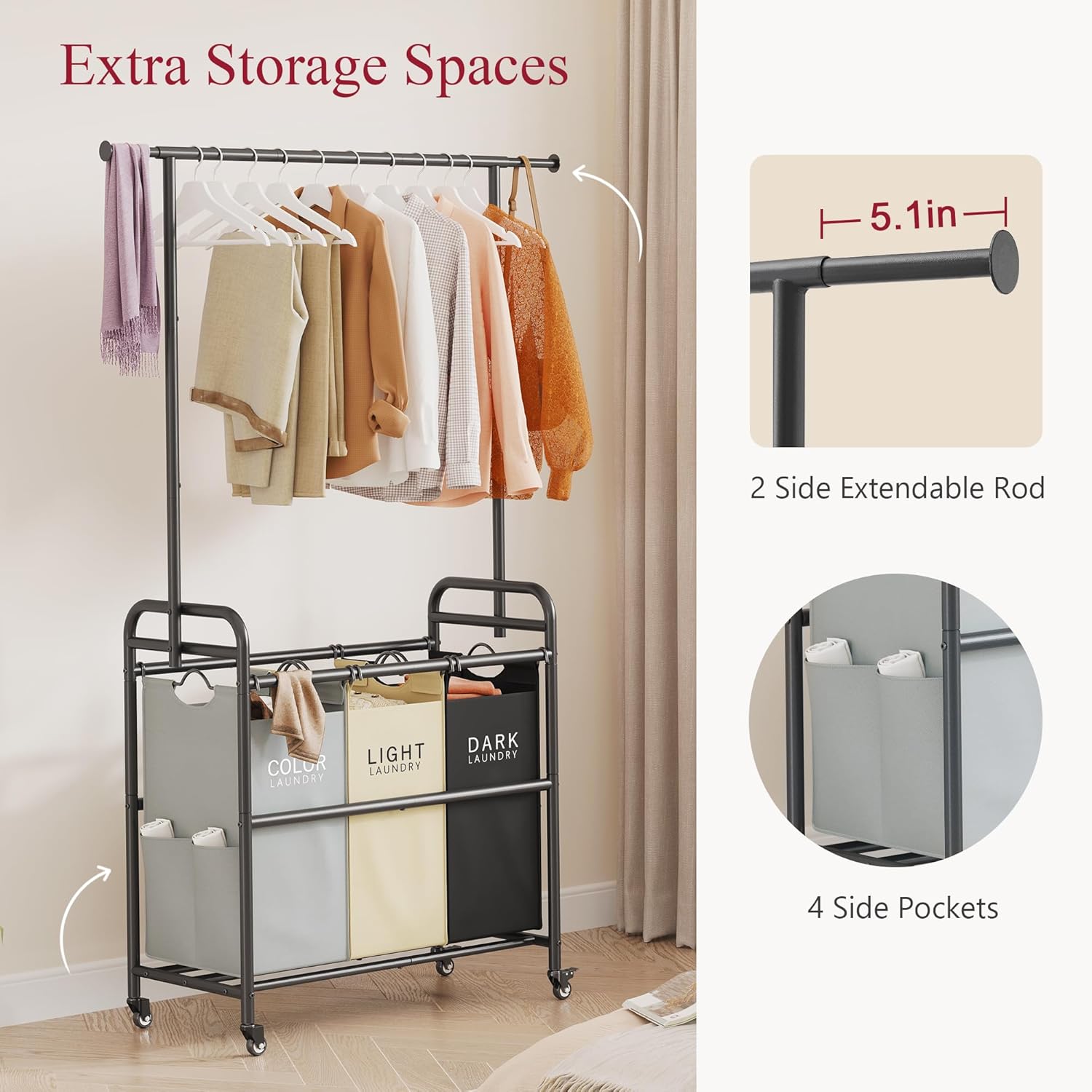 Tajsoon Laundry Sorter Cart with Hanging Clothes Rack, 3 Butler Sorter Basket Organizer, Laundry