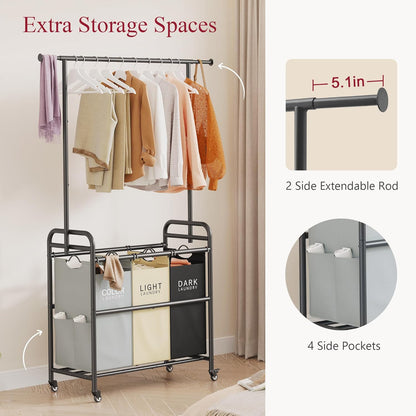 Tajsoon Laundry Sorter Cart with Hanging Clothes Rack, 3 Butler Sorter Basket Organizer, Laundry