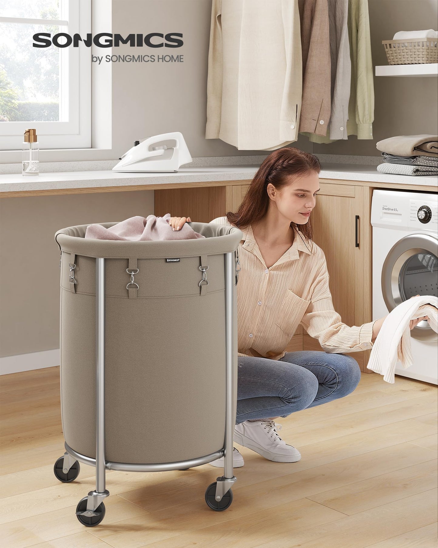SONGMICS Laundry Basket, Rolling Steel Frame with 2 Locking Wheels, 110 L